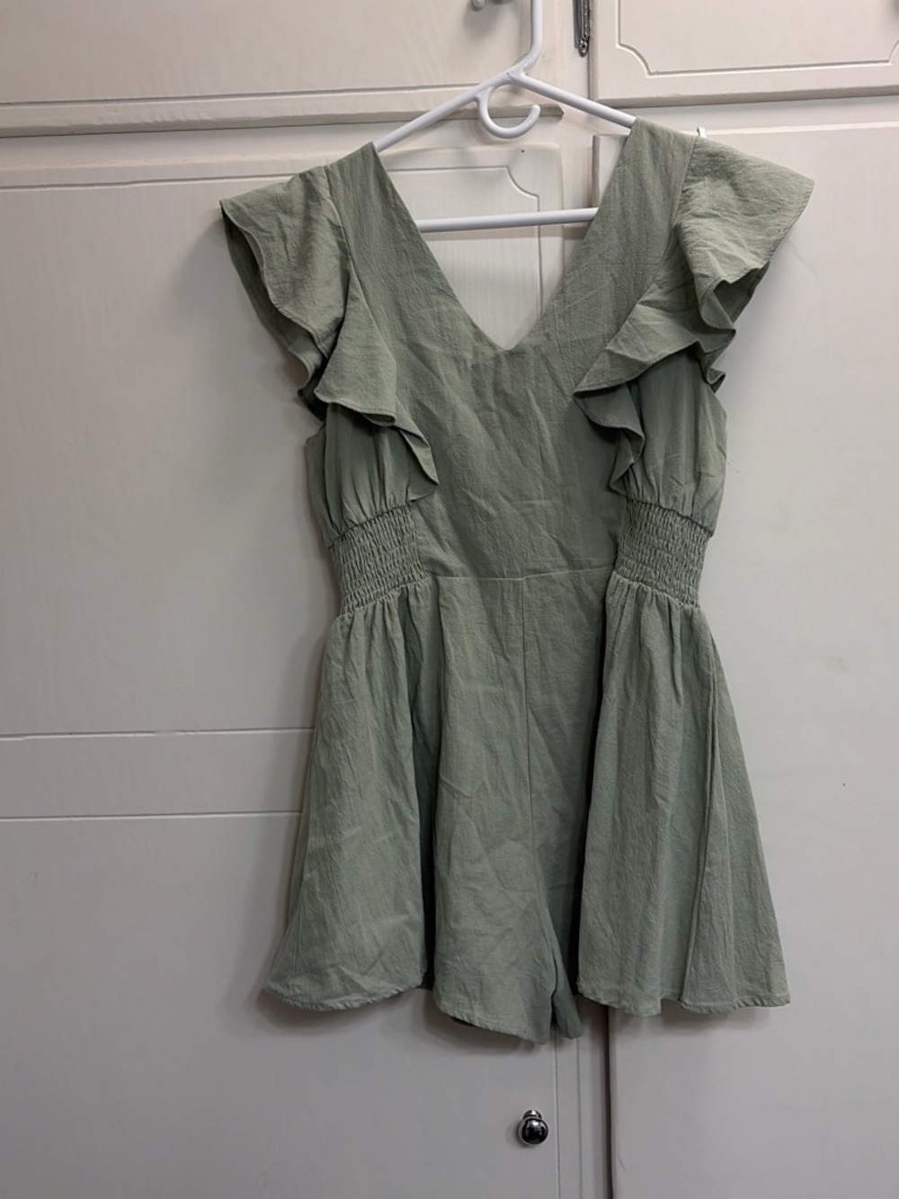 Lulu's Sage Green Ruffle Button-Front romper - Picture 2 of 2